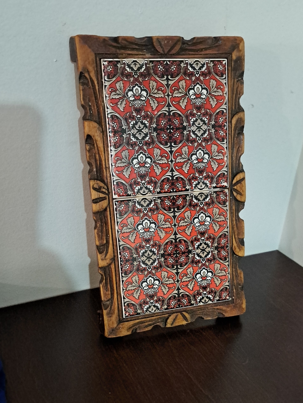 Hand Carved Wooden Frame with Red Floral Tile Inset